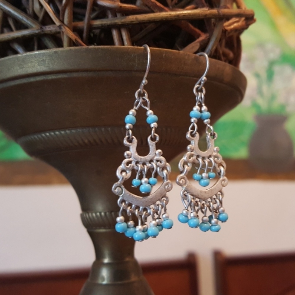 Silver Blue Chandelier Dangling Earrings